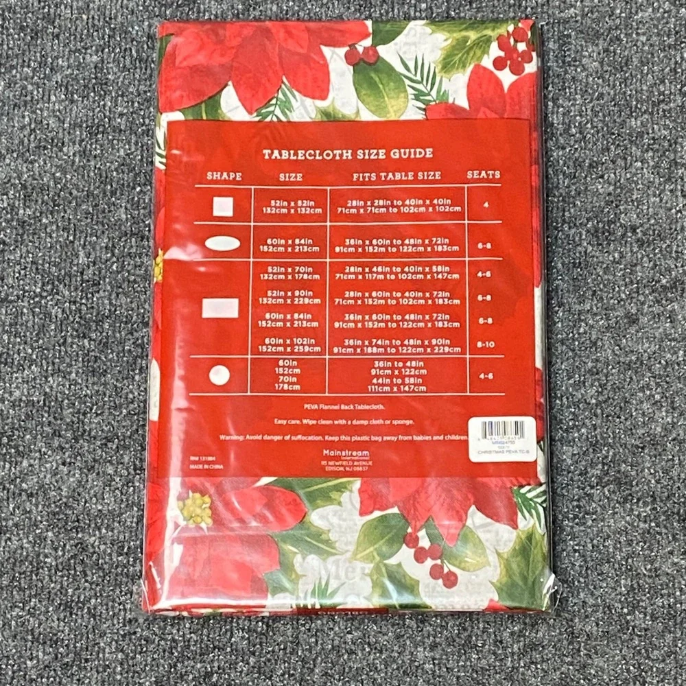 Holiday Poinsettia PEVA Tablecloth Flannel Backing 52 x 70 Oblong Christmas NEW‎